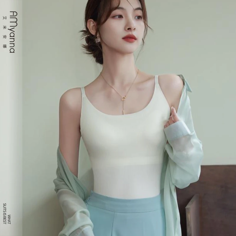 AMyanna性感纯欲免穿文胸吊带美背心带胸垫纯色弧形领口百搭EC028