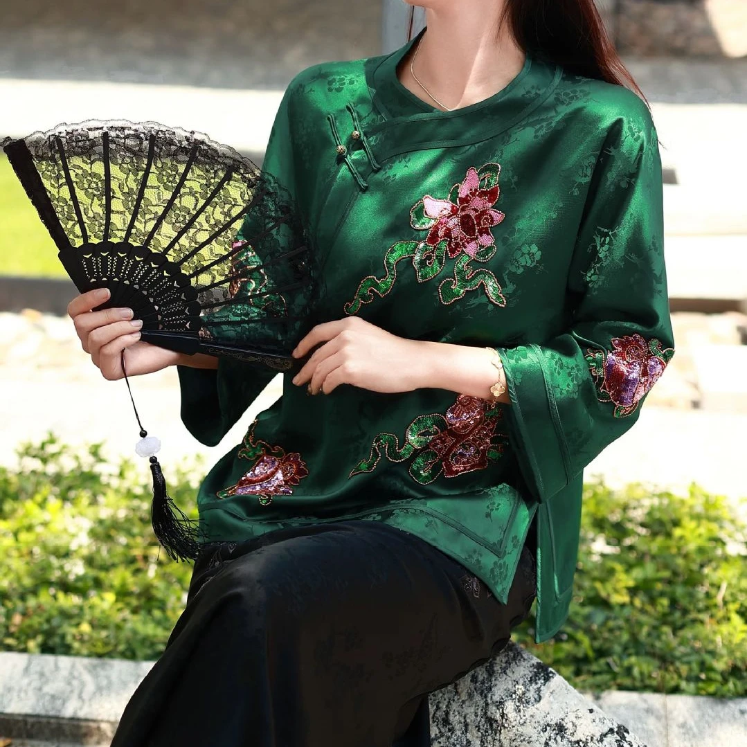 新中式重磅醋酸提花五彩订珠牡丹碧玺刺绣圆领清宫国潮华服短外套