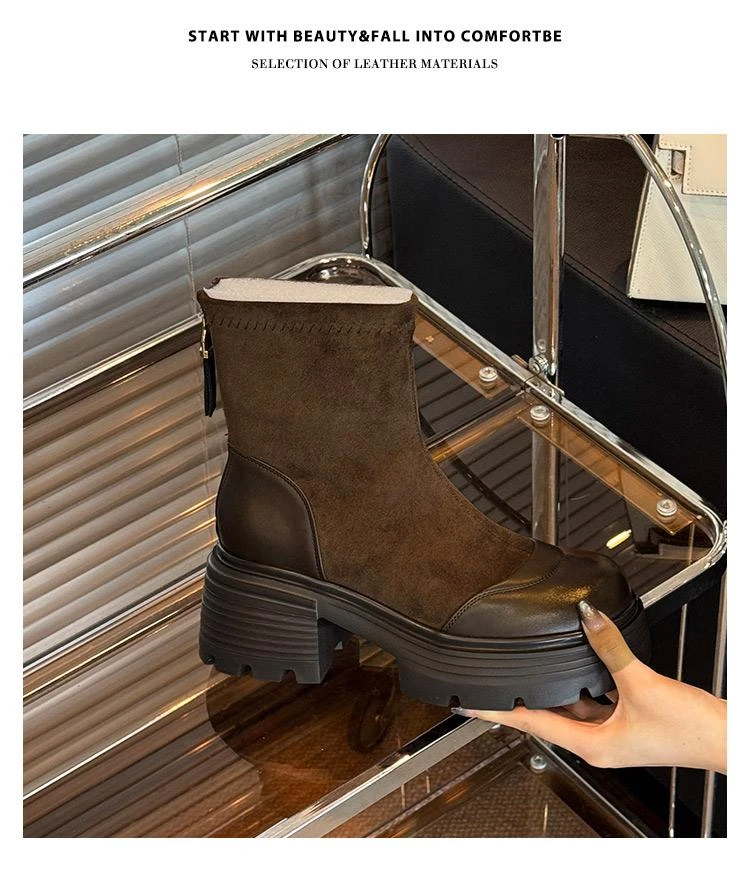 XIEFURN/鞋夫人2025秋冬新款复古马丁靴英伦风小个子厚底粗跟短靴