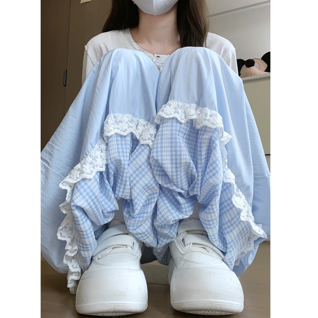 格子花苞裤女夏季高腰显瘦灯笼裤宽松休闲阔腿裤