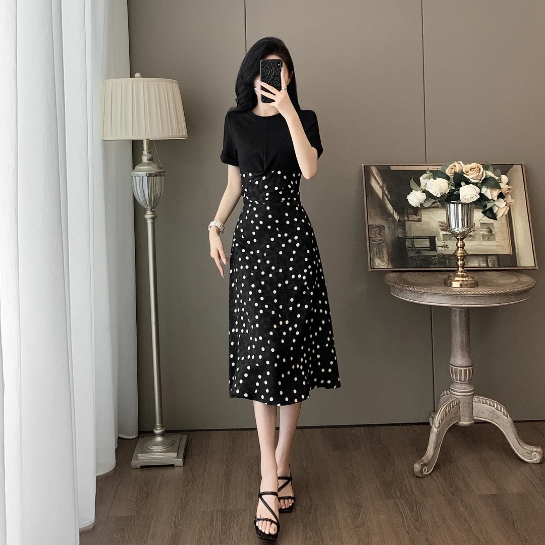 黑色拼接波点连衣裙女夏季显瘦收腰洋气绑带法式赫本风中长款裙子
