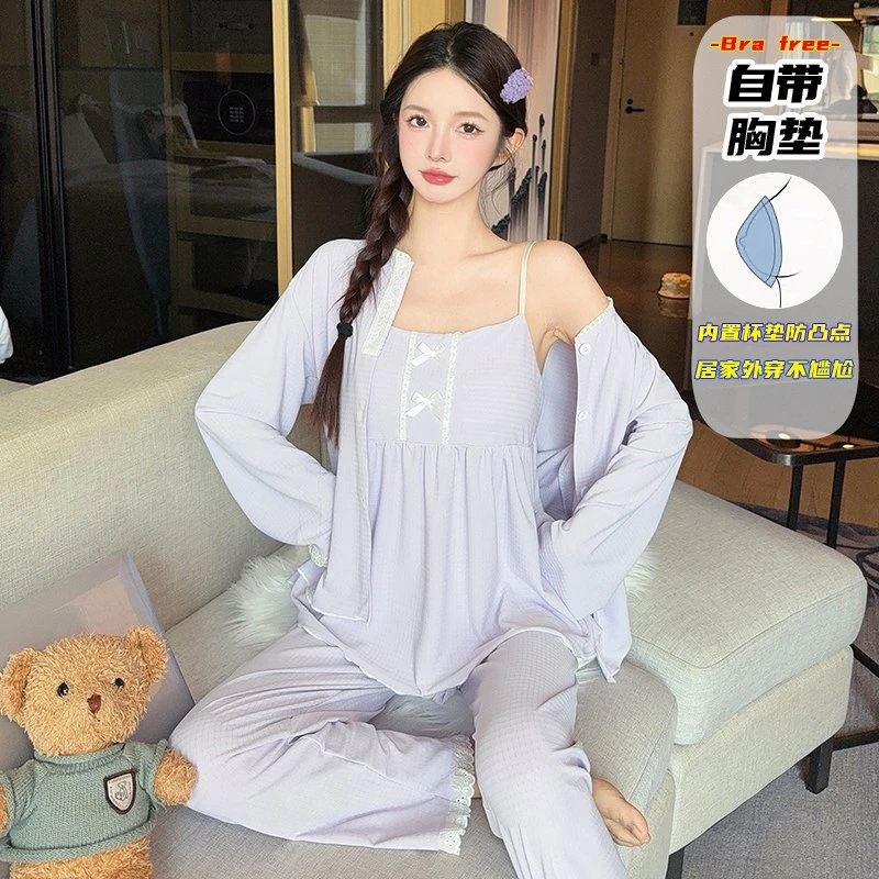 春季新款性感蝴蝶结睡衣吊带三件套带杯垫可外穿柔软透气套装1691
