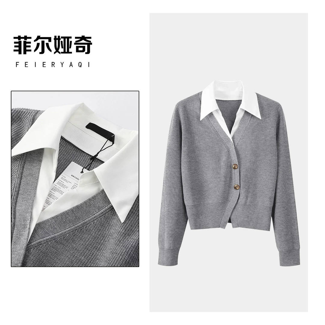 2025春新款长袖假两件袖V领上衣设计感简约优雅宽松纯色衬衫