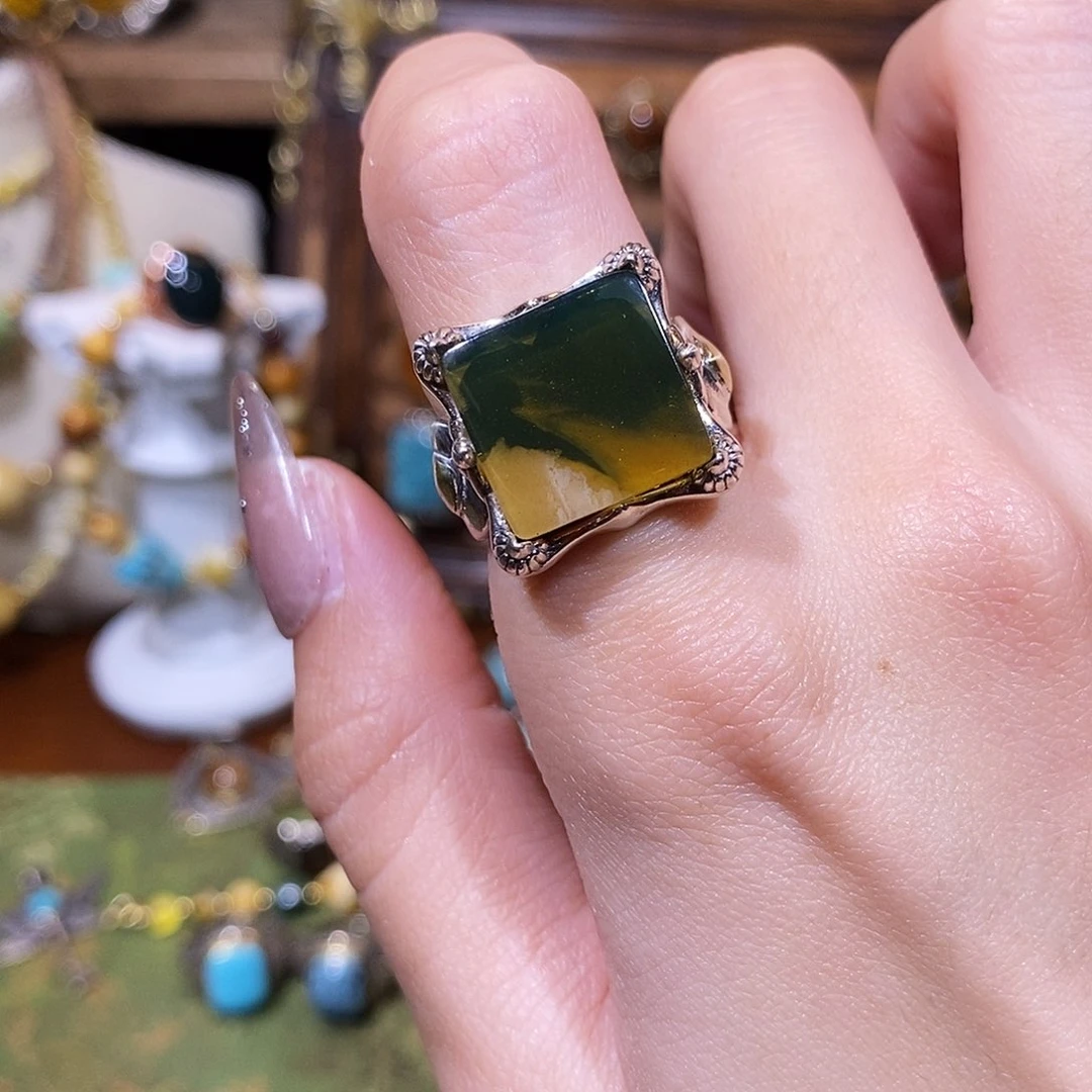 琥珀银S925镶嵌戒指