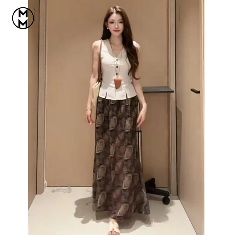 MM法式复古轻熟小众不撞款套装领修身无袖马甲背心印花半身裙女夏