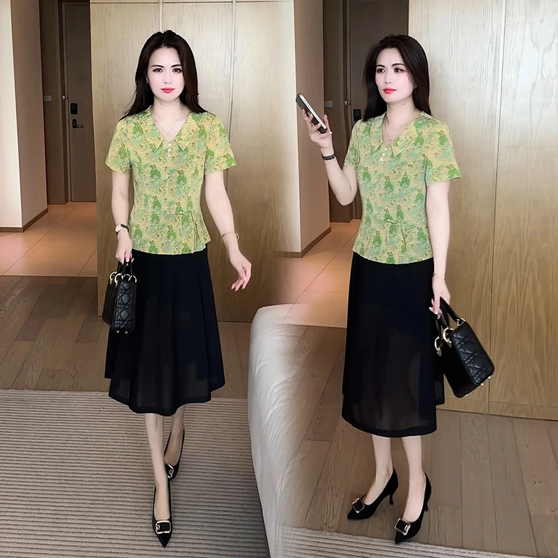 新中式妈妈夏装时尚假两件连衣裙新款小个子碎花显瘦裙子11142