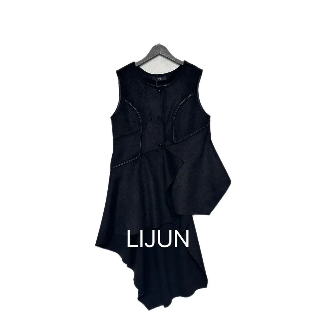 篱君2230秋冬新款背心裙不规则下摆剪裁黑色简约设计款时尚轻奢