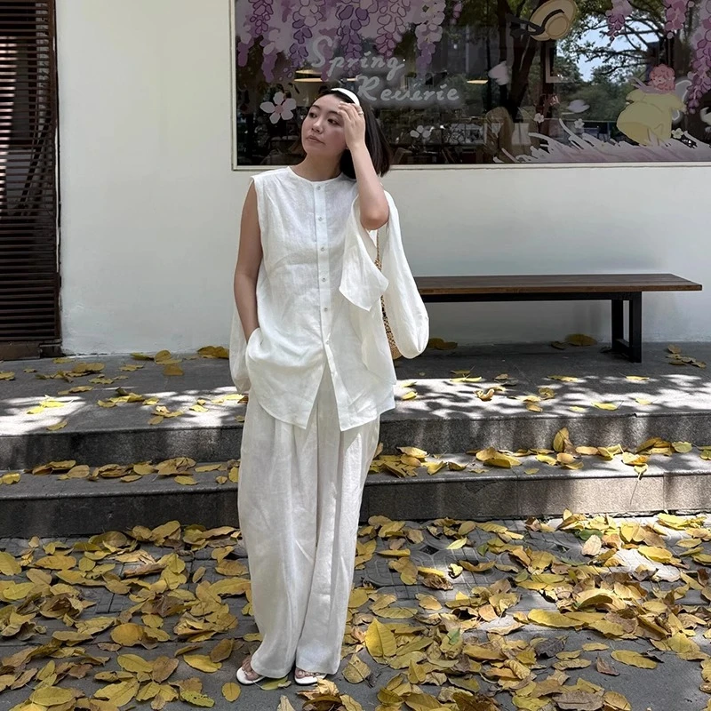 夏季简约慵懒风白色亚麻套装女宽松薄款清凉无袖背心阔腿裤两件套