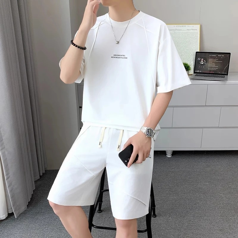 高级感男装夏季2025新款冰丝薄款痞帅宽松休闲套装短裤短袖男t恤