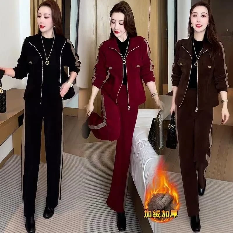 小香风时尚加绒套装女2025秋冬季新款气质保暖外套直筒裤两件套