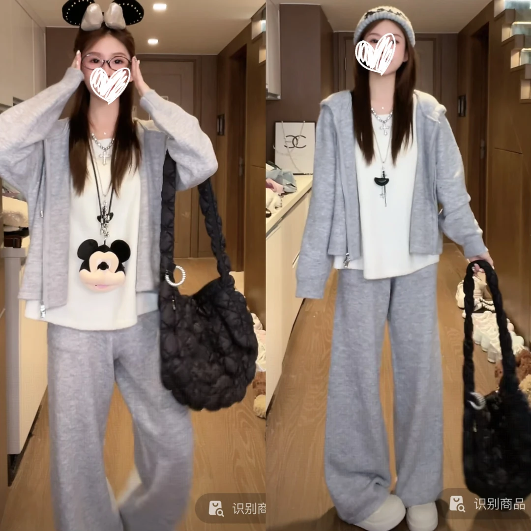 慵懒风针织套装女秋季2025新款时尚假两件上衣阔腿裤休闲两件套女