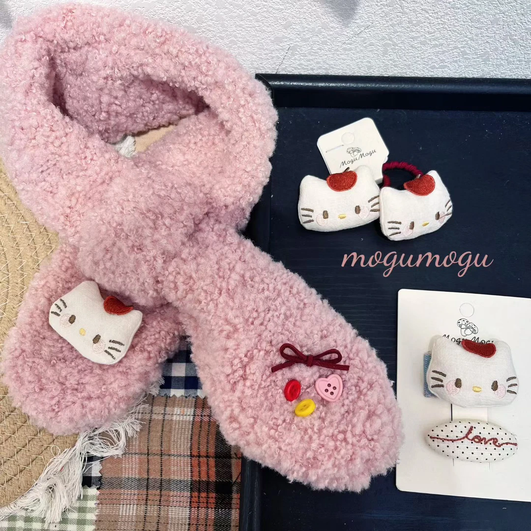 可爱Kitty猫羊羔毛加厚交叉围脖女冬季甜美保暖防寒护颈小围巾