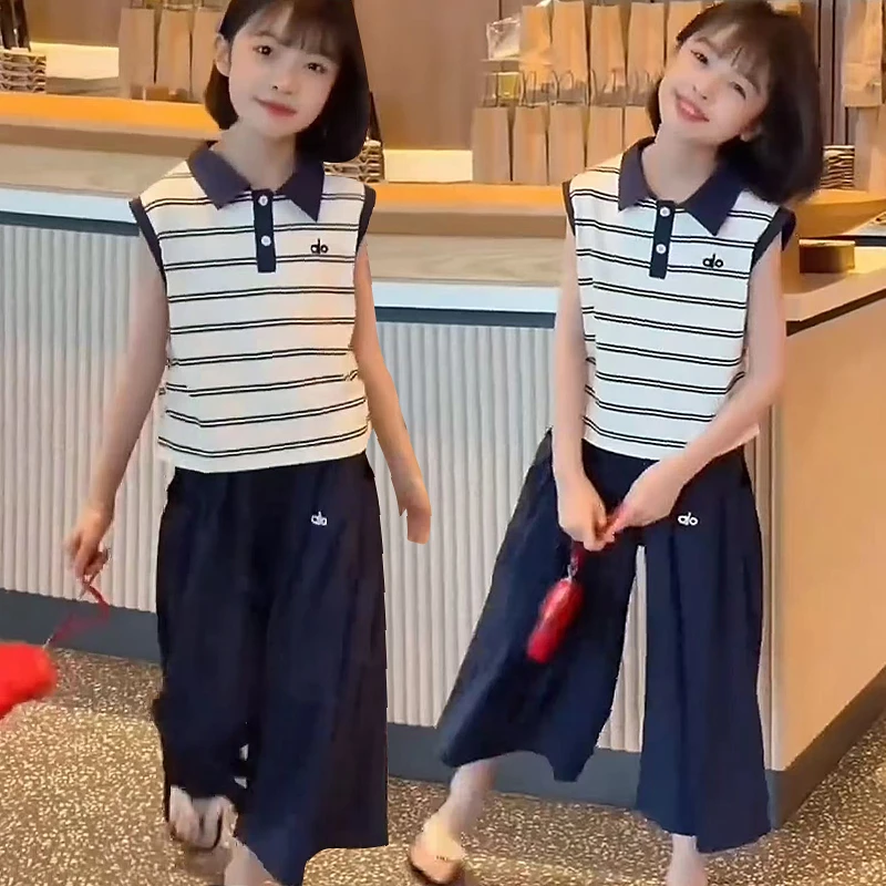【现货】女童夏装套装2025新款4-15岁洋气条纹短袖阔腿裤休闲两件套