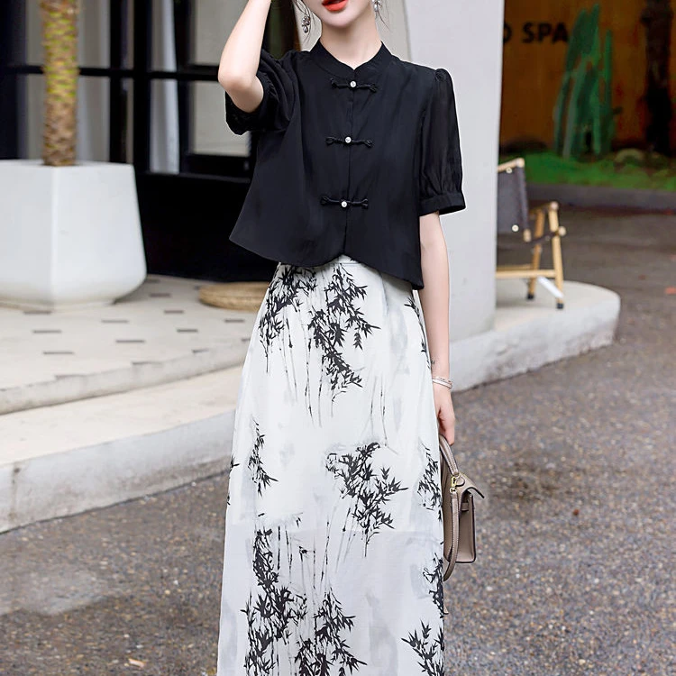 新中式国风旗袍套装女2025夏季新款上衣水墨改良半身连衣裙两件套