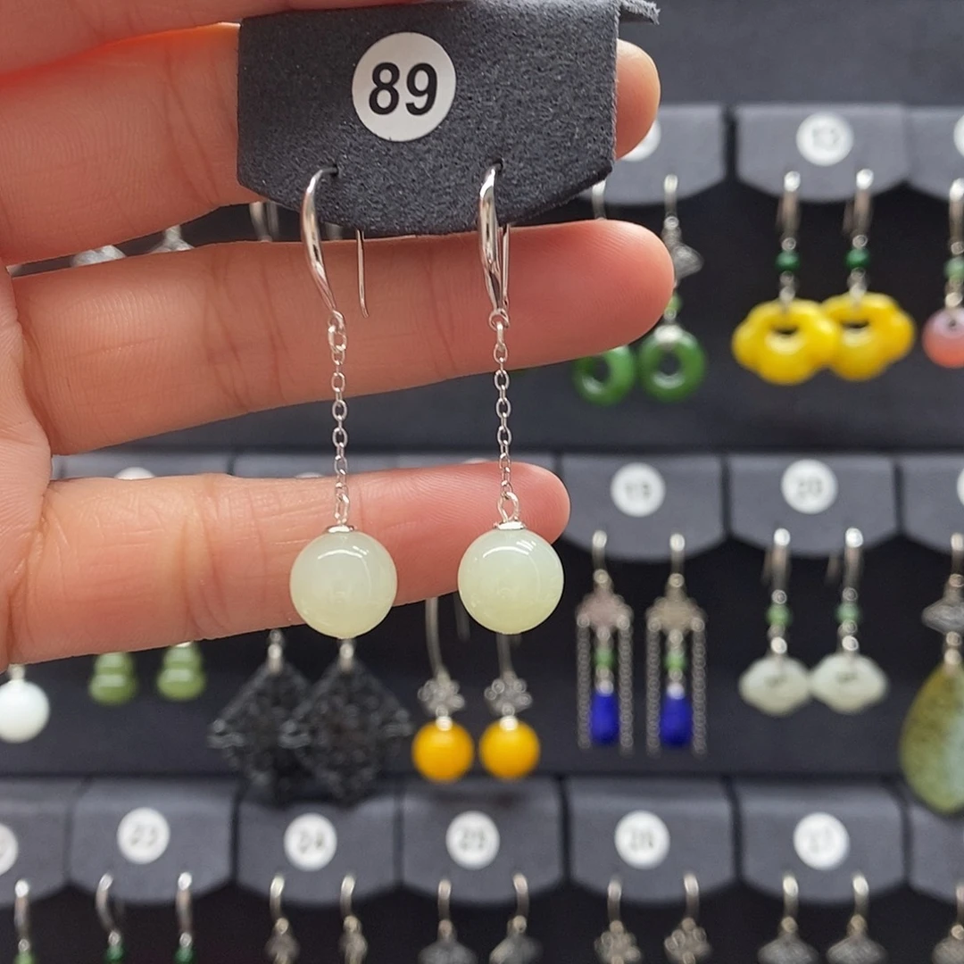 和田玉银S925镶嵌耳饰