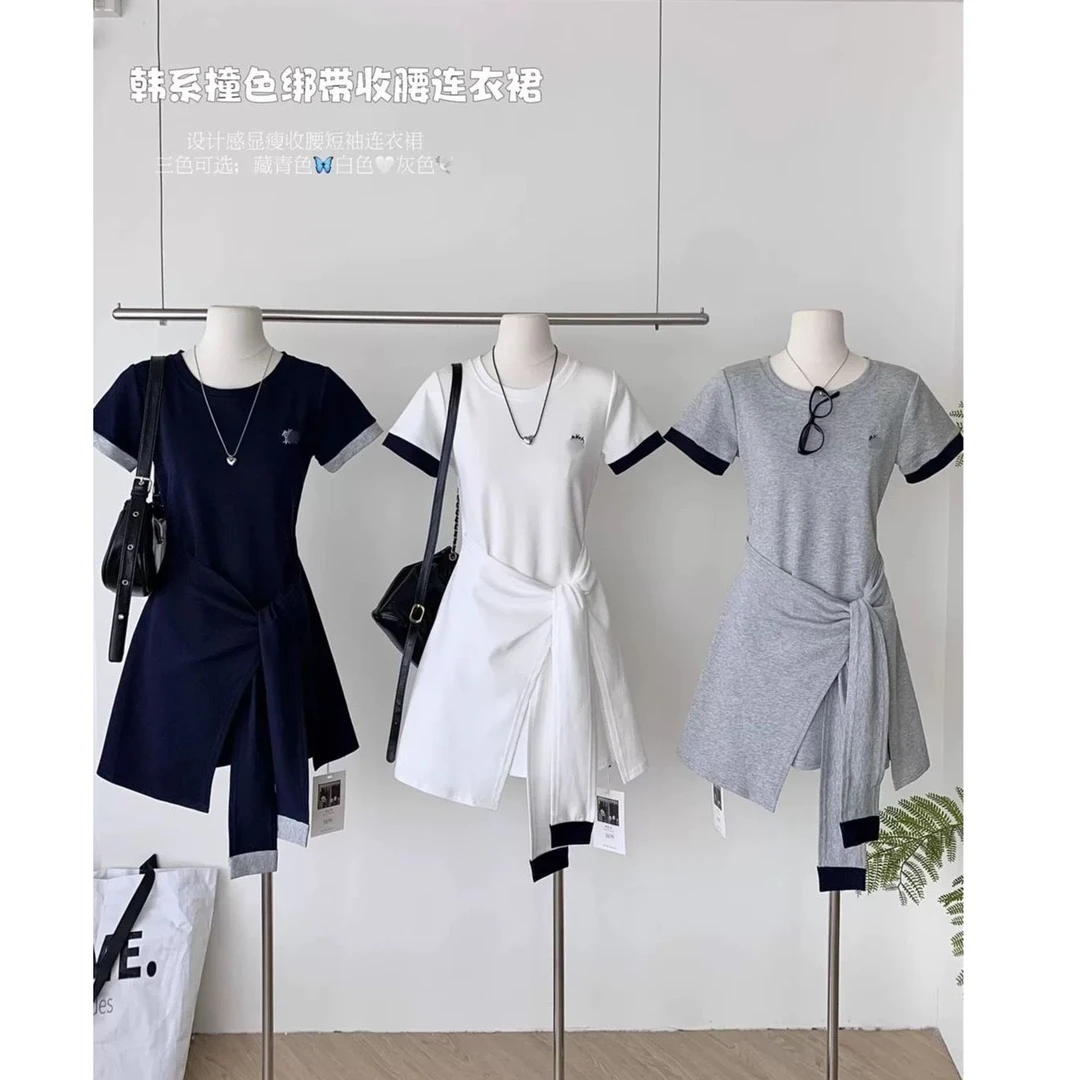 不规则撞色绑带短袖连衣裙女夏季收腰减龄刺绣小个子短裙