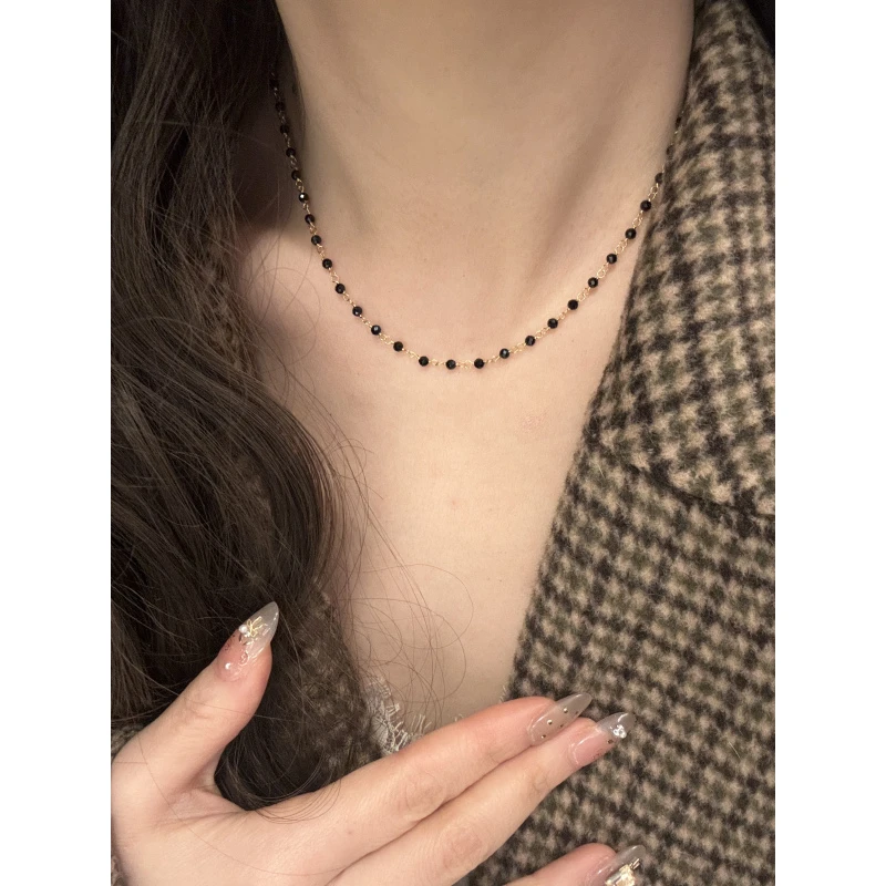 链子925银 经典简约满天星黑色串珠锁骨链