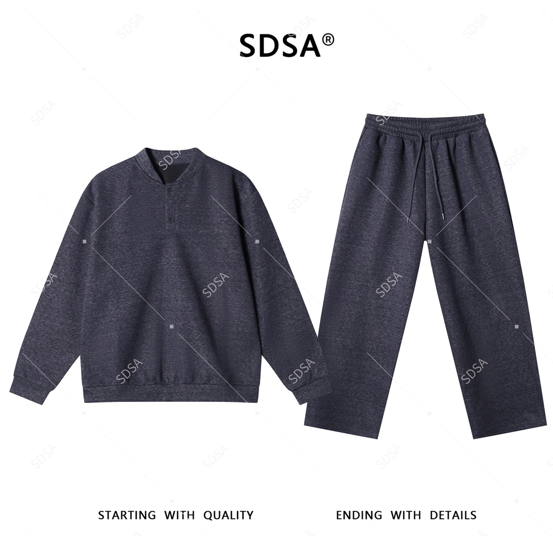 SDSA秋冬新款男士痞帅美式简约纯色半纽扣卫衣抽绳直筒裤复古套装