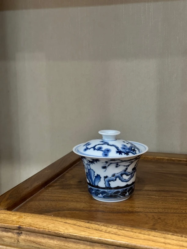 小楼听雨柴窑手绘青花松竹梅盖碗