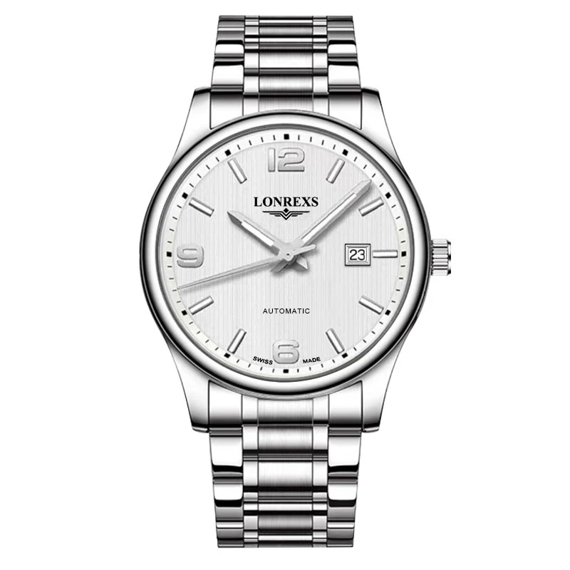 LONREXS正品经典条纹白盘男士手表双日历防水超薄时尚百搭腕表