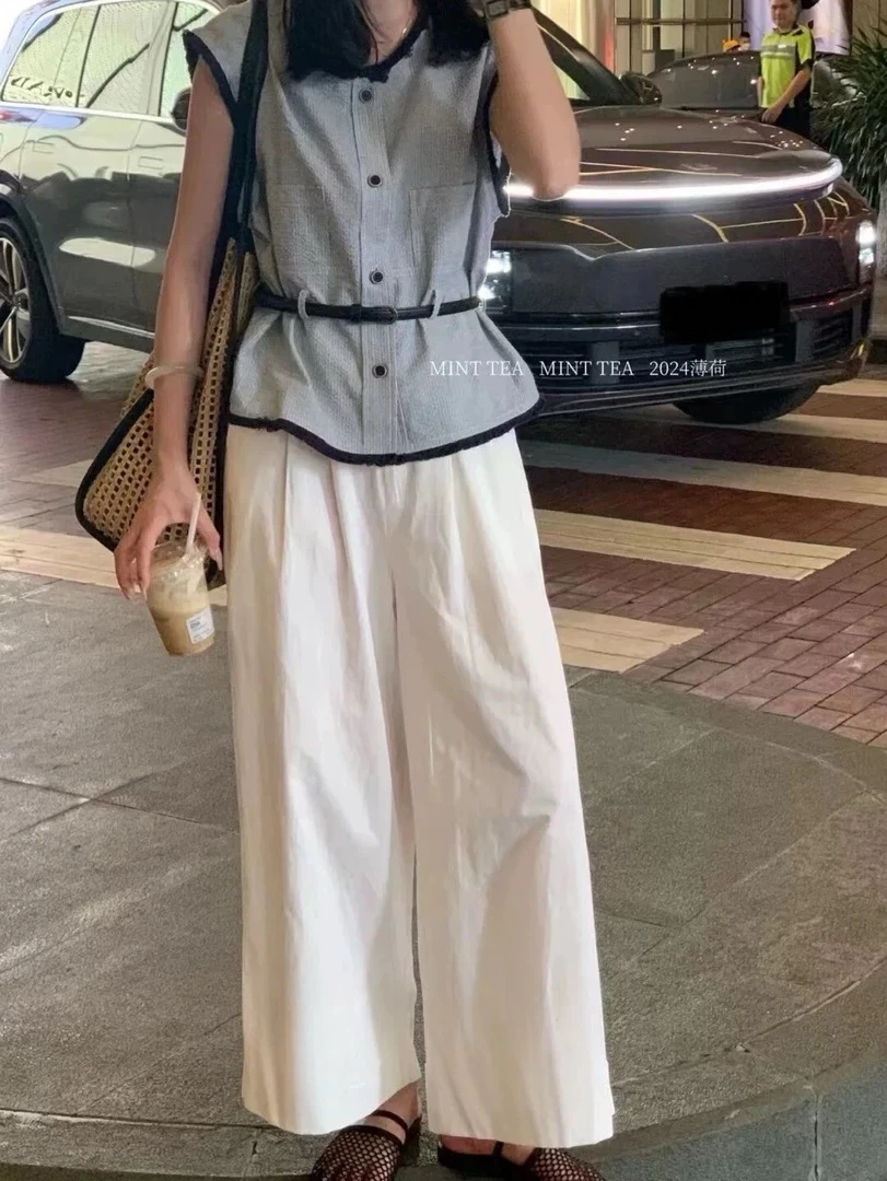 （大喜）显瘦小香流苏毛边无袖上衣➕棉麻阔腿裤➕腰带三件套