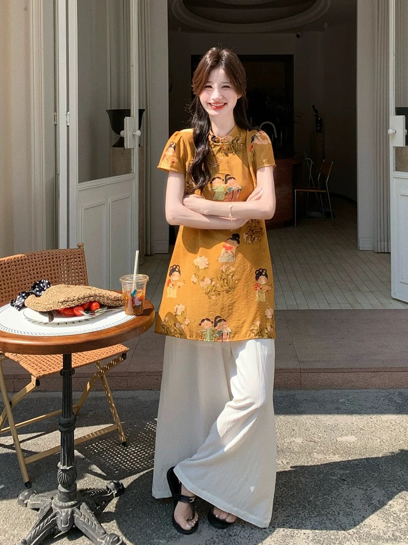 新中式国风改良旗袍裙上衣阔腿裤裙两件套清冷感绝美漂亮独特套装