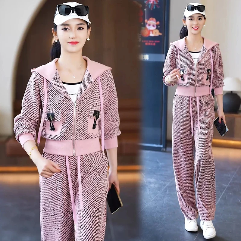 小香风时尚休闲运动服套装女2026年春季新款连帽外套阔腿裤两件套