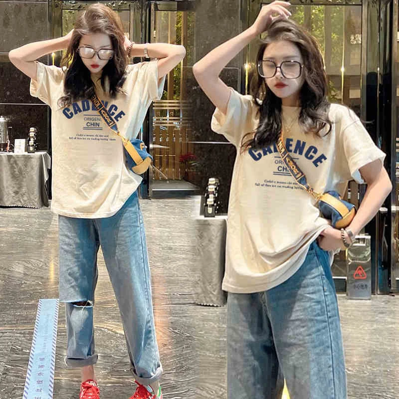 杏色纯棉宽松正肩短袖T恤女2025春夏新款欧货大版独特上衣打底衫