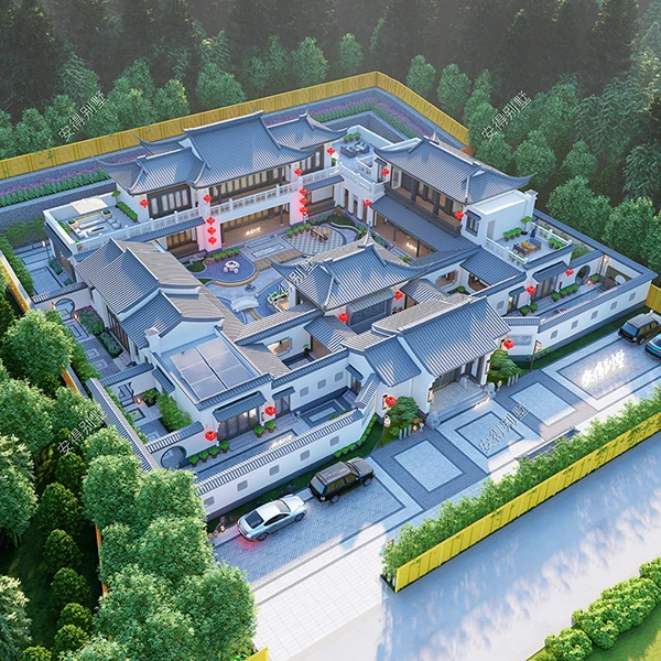 新中式中式风格四合院建筑农村自建房施工图新中式装修风格模型