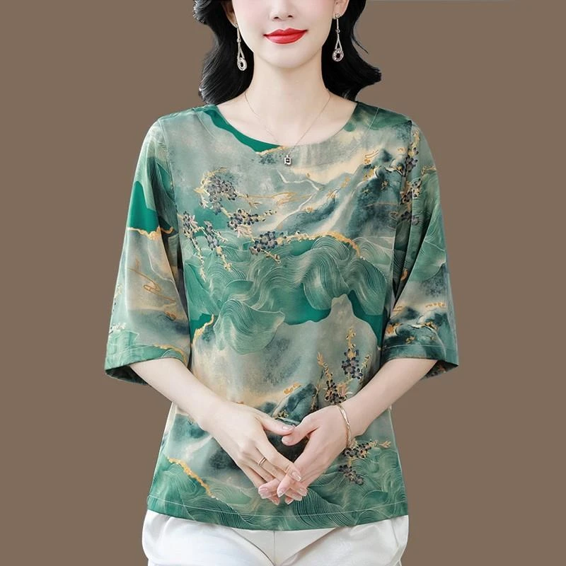 妈妈夏装杭州丝绸真丝上衣女中老年人宽松洋气印花桑蚕丝t恤小衫