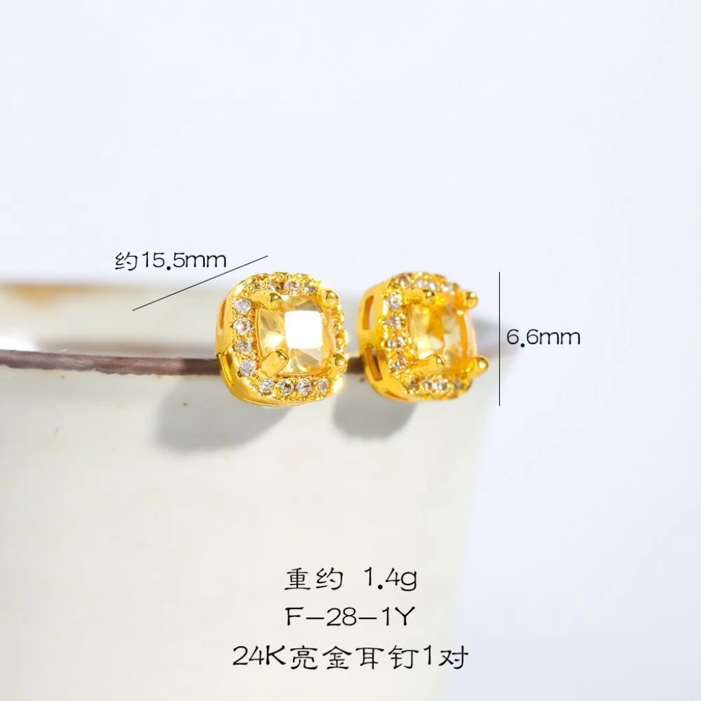 铜合金莫桑石耳饰 铜合金莫桑石耳饰黄钻小方糖耳钉精致设计轻奢