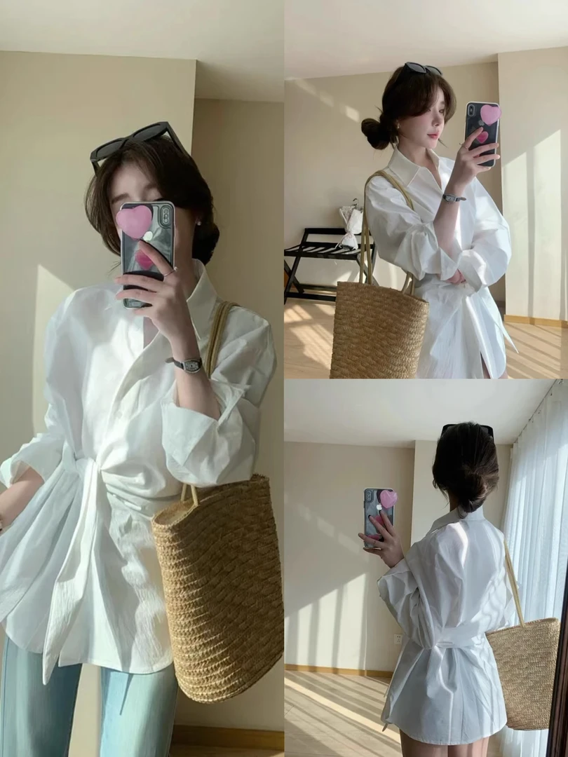 衬衫长袖POLO领中长款衬衣春秋季网红气质法式收腰绑带系带立领