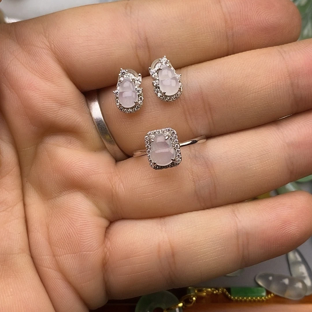 银S925镶嵌翡翠耳饰耳饰一套
