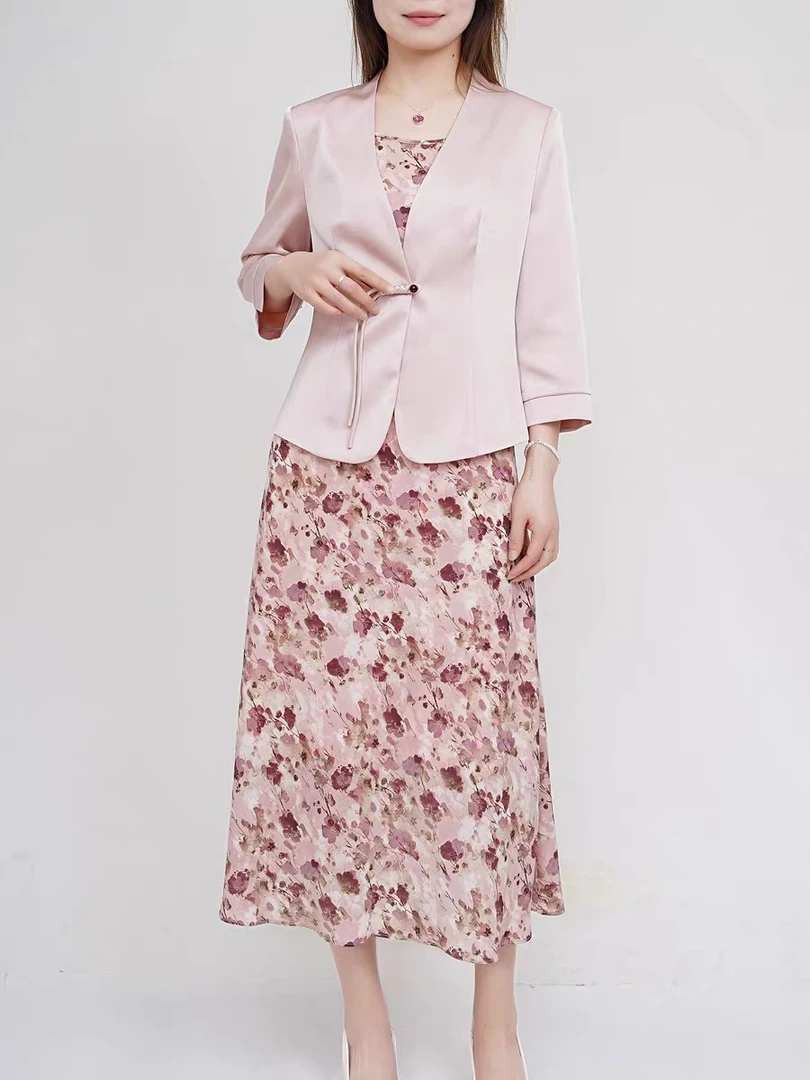 D004 2025新款西服套装百搭休闲女士国风外套碎花裙两件套