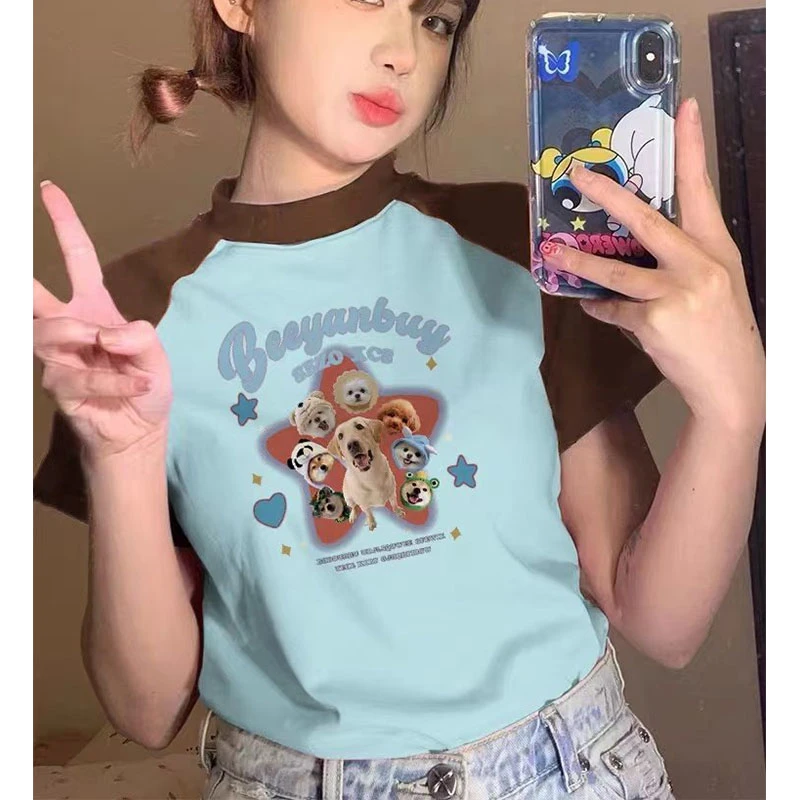 小众撞色拼接插肩短袖T恤女夏季美式纯欲辣妹风修身显瘦短款上衣