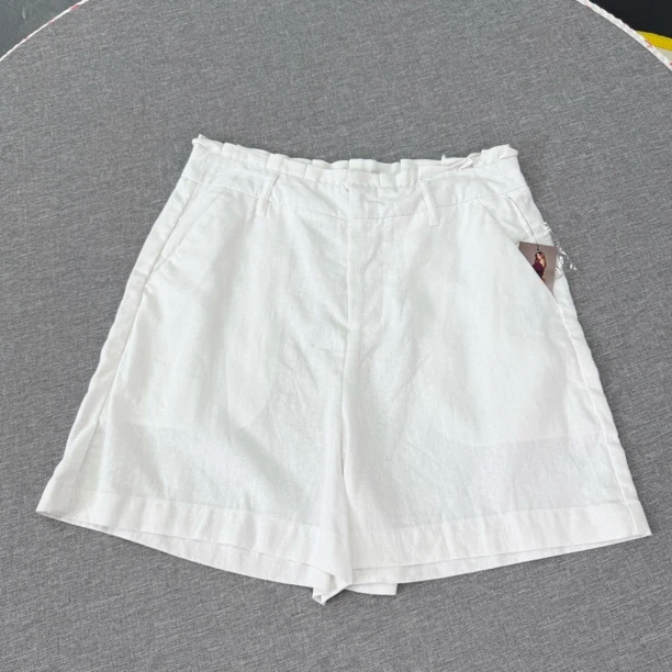 52469夏季两色高货原单荷叶高腰麻料休闲五分短裤