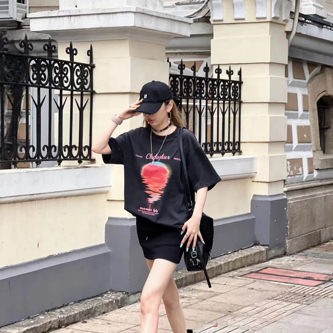 【落日余晖】美式复古日落纯棉ab棉宽松水洗百搭短袖ins上衣