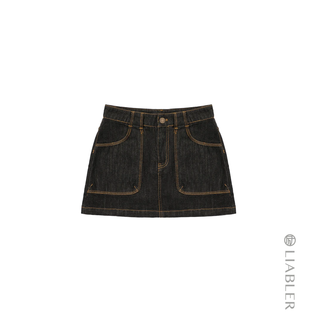 LIABLER/励【青玉】2025春夏做旧洗水明线双兜牛仔短裙 LSS251009D