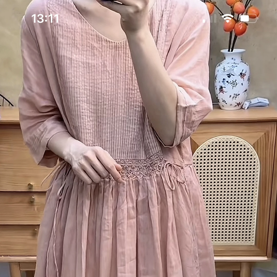 集合集合文艺气质纯色苎麻V领全衬中袖宽松大码夏季连衣裙