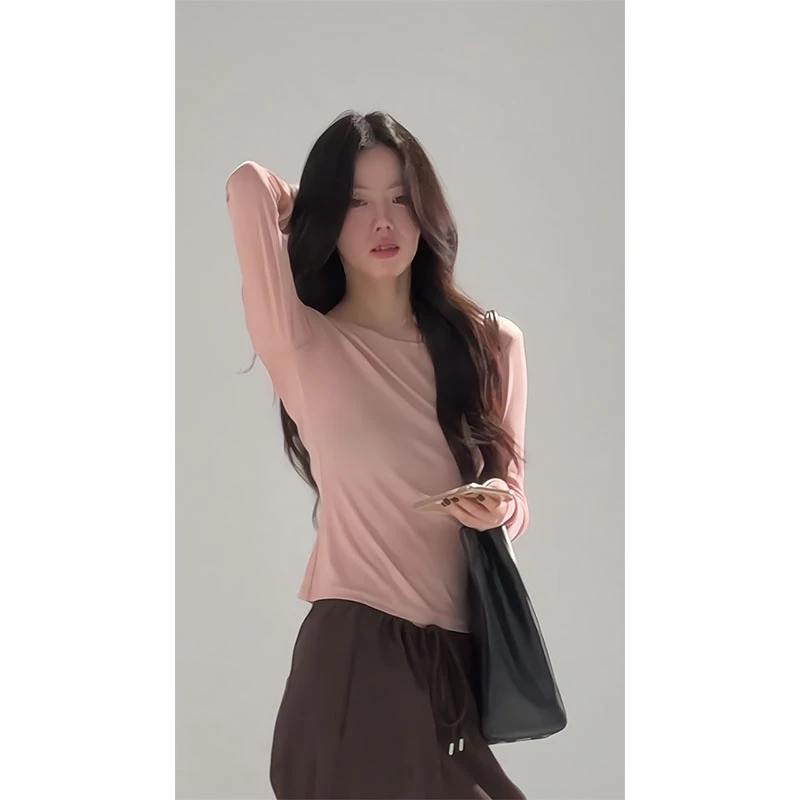 巨好看粉色长袖t恤女内搭修身穿搭打底衫漂亮绝美上衣百搭裤子