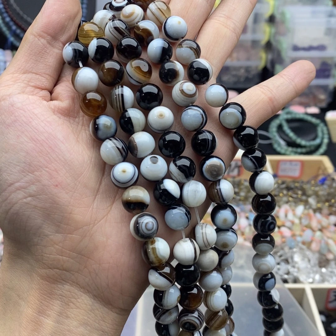 玛瑙/玉髓未镶嵌珠宝半成品一条10mm天然黑白蚕丝眼Q404
