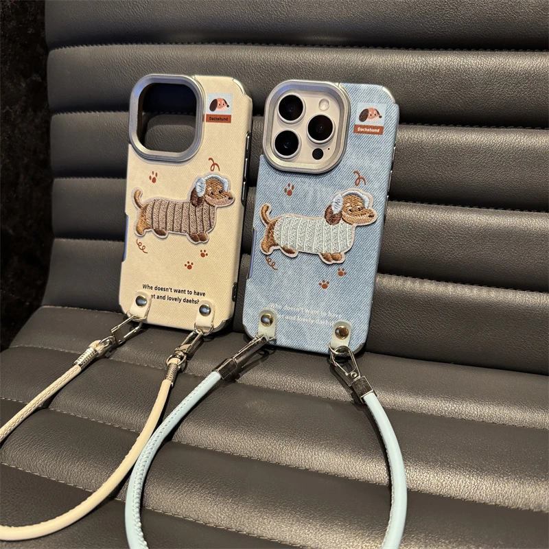 刺绣腊肠狗适用iphone17pro手机壳苹果15/14带挂绳13女16promax