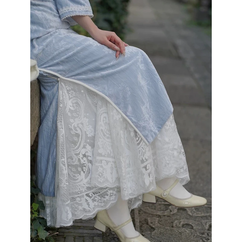 W-003 蕾丝钩花衬裙 重工 半身裙显瘦百搭打底春夏高腰时尚纯色