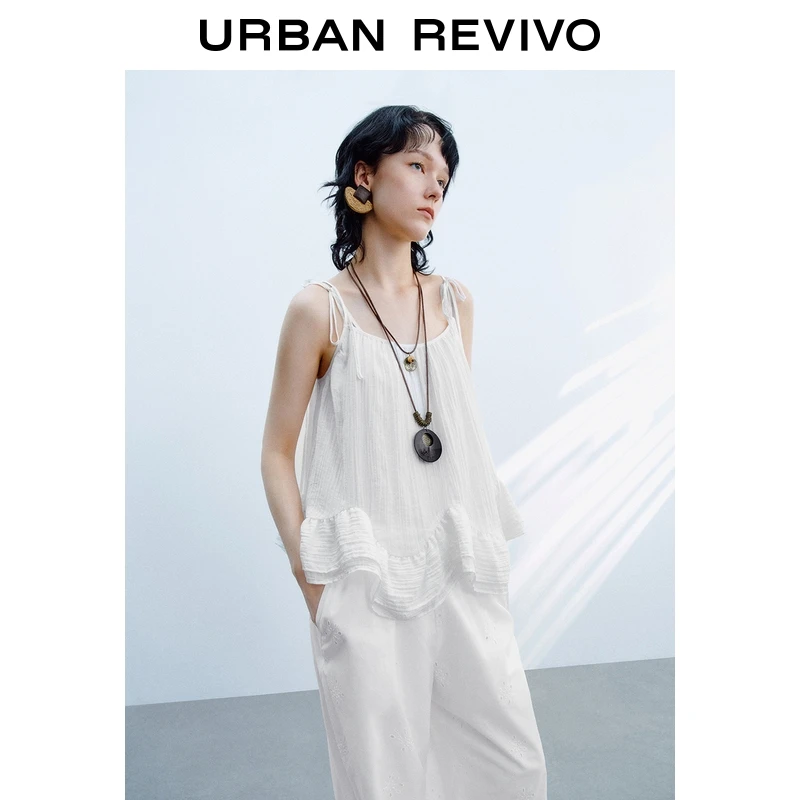UR2025秋季新款女装休闲挂脖系带褶皱荷叶边吊带衫UYL250107