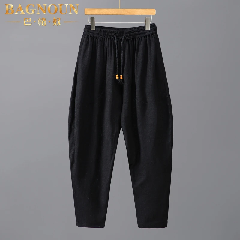 巴格奴休闲裤男士春夏新款时尚高端亚麻宽松阔腿棉麻透气舒适长裤