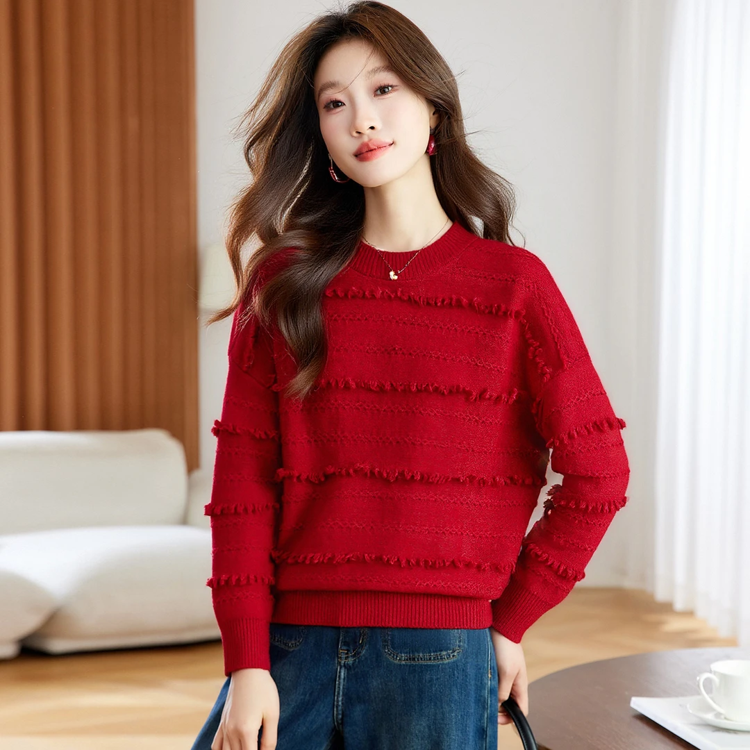 正品2025冬季新款流苏毛衣短款圆领针织衫女款宽松洋气气质打底衫