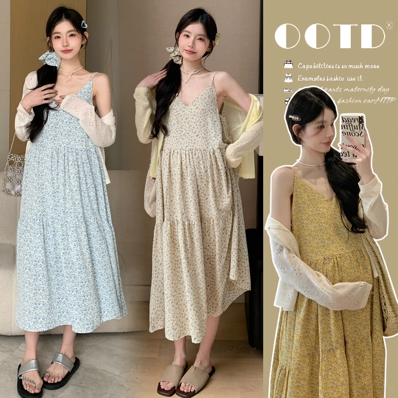 【静静】韩版~夏季韩版孕妇小碎花吊带连衣裙带发圈+防晒针织开衫