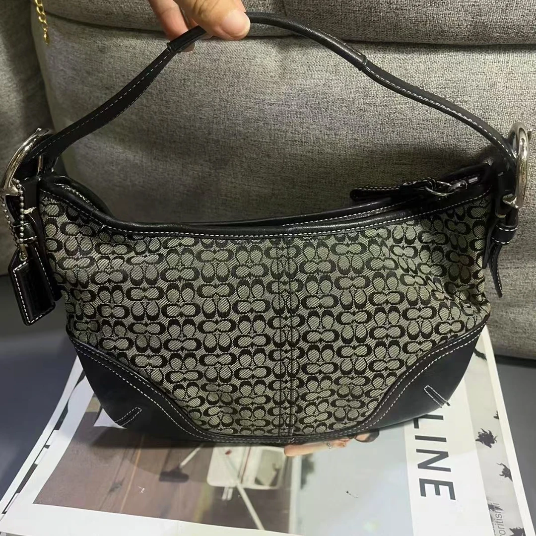 95新 COACH/蔻驰 【诗诗】黑色老花帆布拼皮革单肩包/BGC500870002