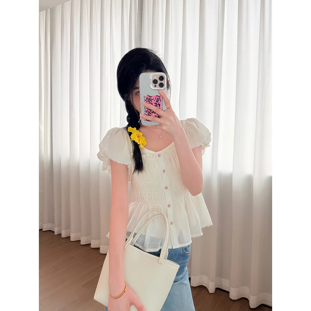 王家有鱼2025夏季新款泡泡袖清新甜美百搭显瘦遮手臂上衣爆款女W