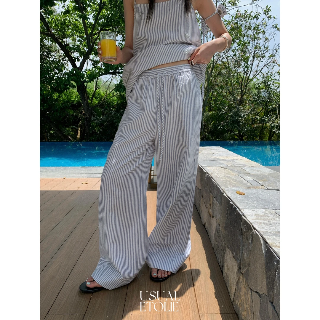 7387#条纹控必入~垂感松紧腰显瘦宽松休闲裤